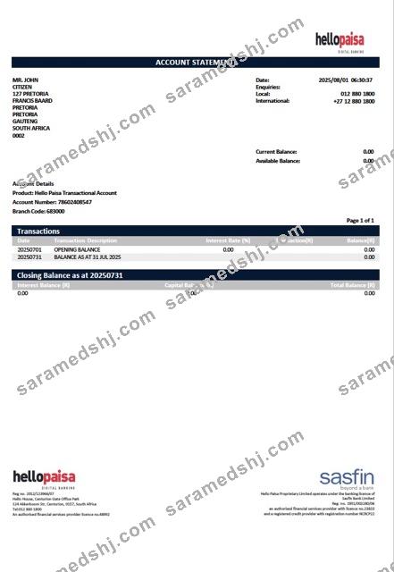 South Africa Hellopaisa account statement Word and PDF template